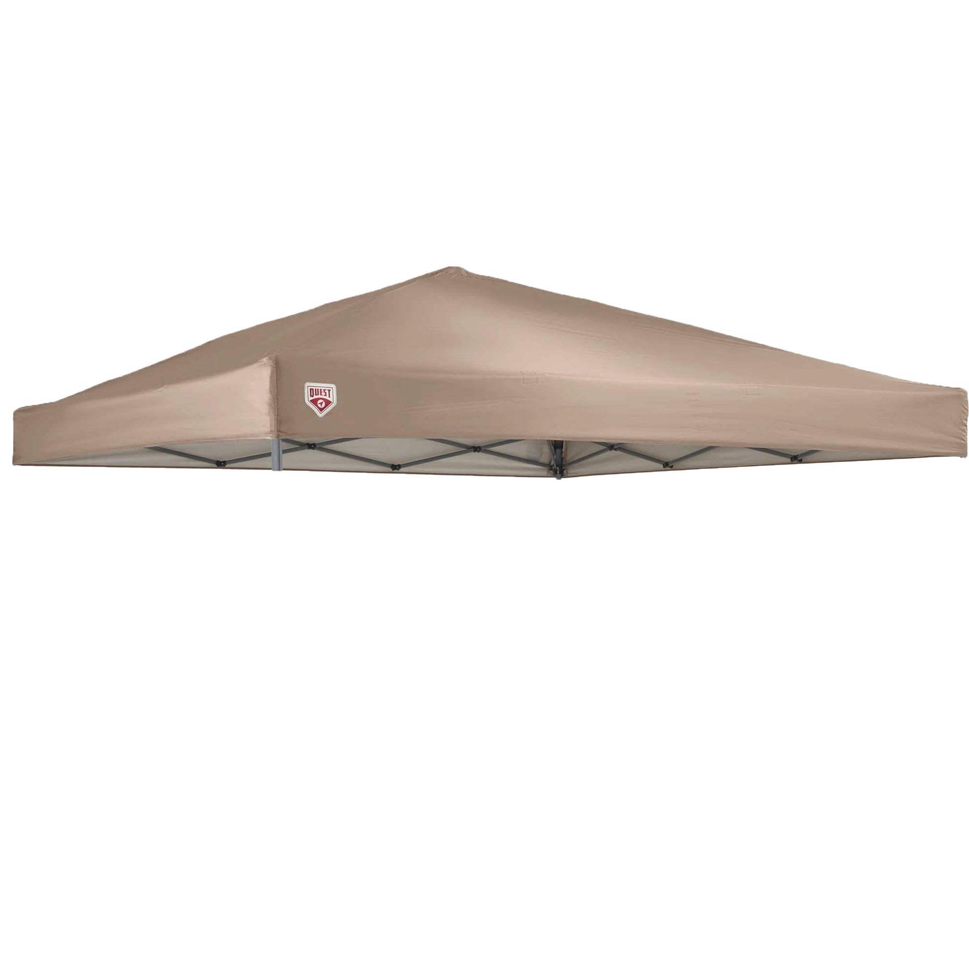 The image shows a beige-colored canopy tent top, with a smooth and stretched fabric covering the structure. The canopy is designed in a square shape and is viewed from a slight angle, looking upwards, which suggests it's mounted on a frame, although the supporting structure is not visible in this view. There is a logo at the peak of the tent, indicating a brand Quest. The background is completely white, emphasizing the tent top as the sole subject of the image.