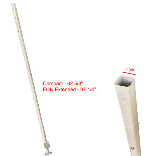 This photo showcases Adjustable Leg Replacement Parts in a clean white color, with dimensions conveniently displayed in the image. When compact, they measure 62 5/8 inches, and when fully extended, they reach 97 1/4 inches. These versatile replacement parts offer customization and stability to your setup.